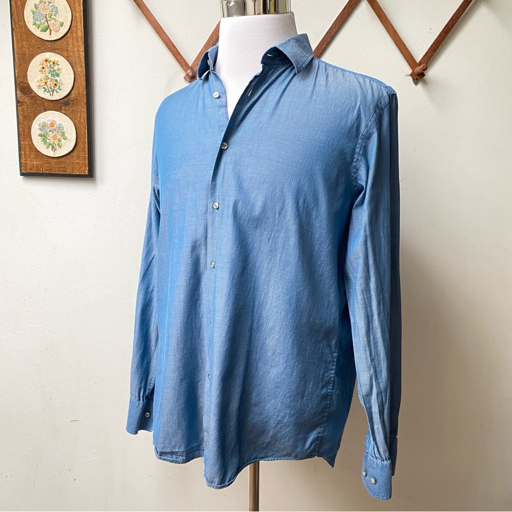 Hugo Boss Blue Sheen Button Down Shirt - Picture 6 of 12